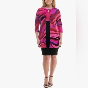 Danny & Nicole 3/4 Sleeve Stripe Jacket Sheath Dress Size 10 Fusia Blk NWT